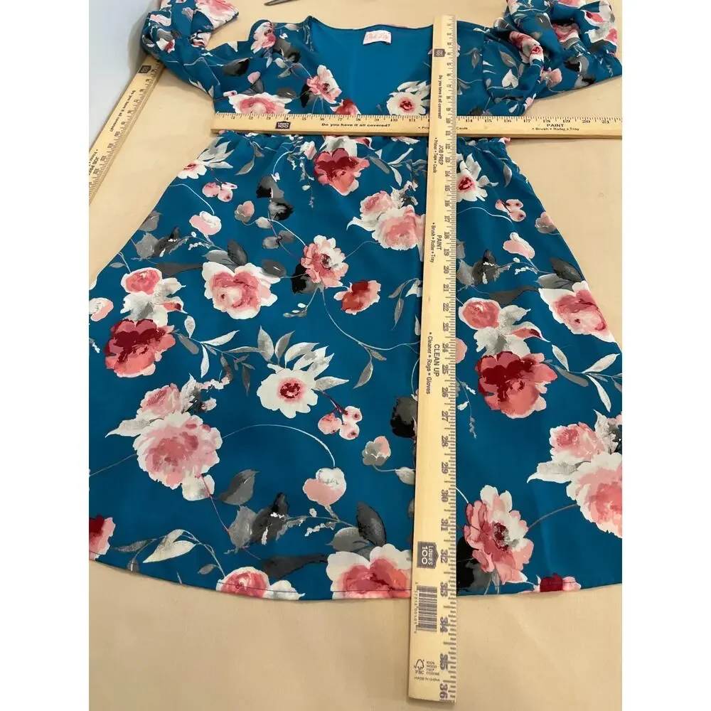 Pink Lily Dress Womens Medium Blue Floral Print Bell Sleeve Cottagecore Boho - Picture 7 of 9